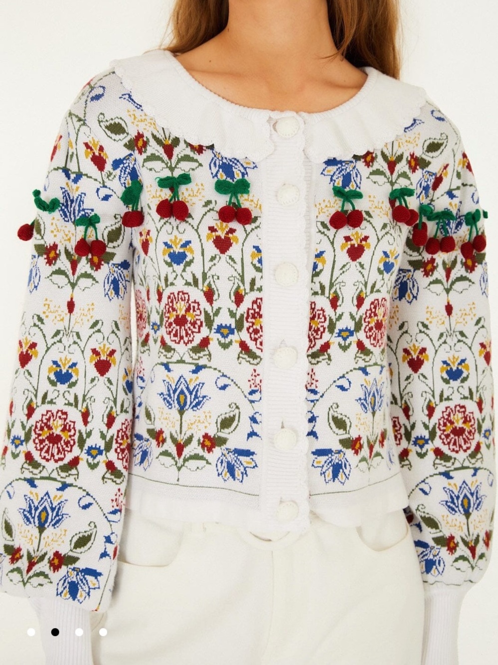 Nwt FARM Rio Garden summer Knit Cardigan floral embroidered cherry pom-pom $300 - Picture 2 of 4
